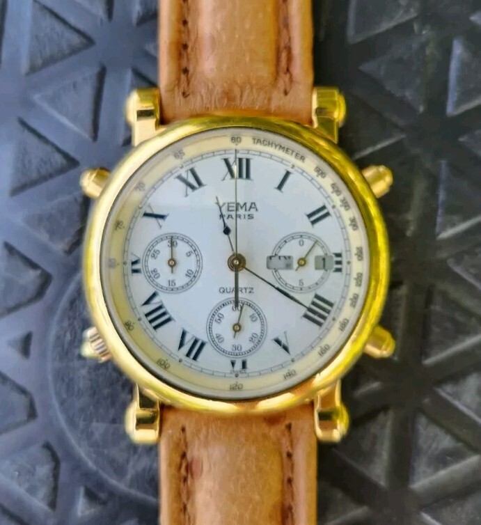 YEMA Paris N81W43 Chronograph Day Date Gold Tone Men’s 35mm Watch VERY NICE!!