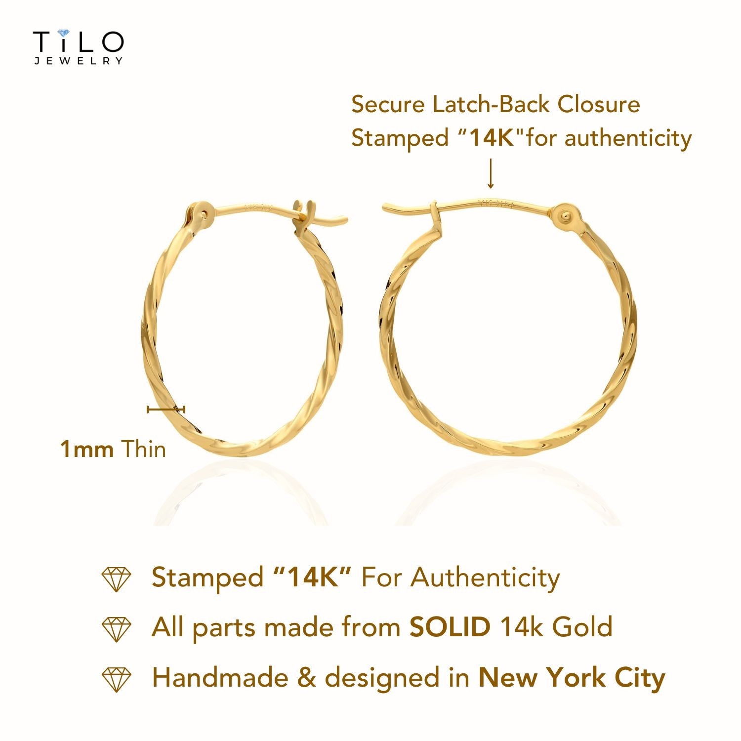 14K Real Solid Yellow Gold Twisted Rope Thin Creole Hoop Earrings 1mm Tube Hoops