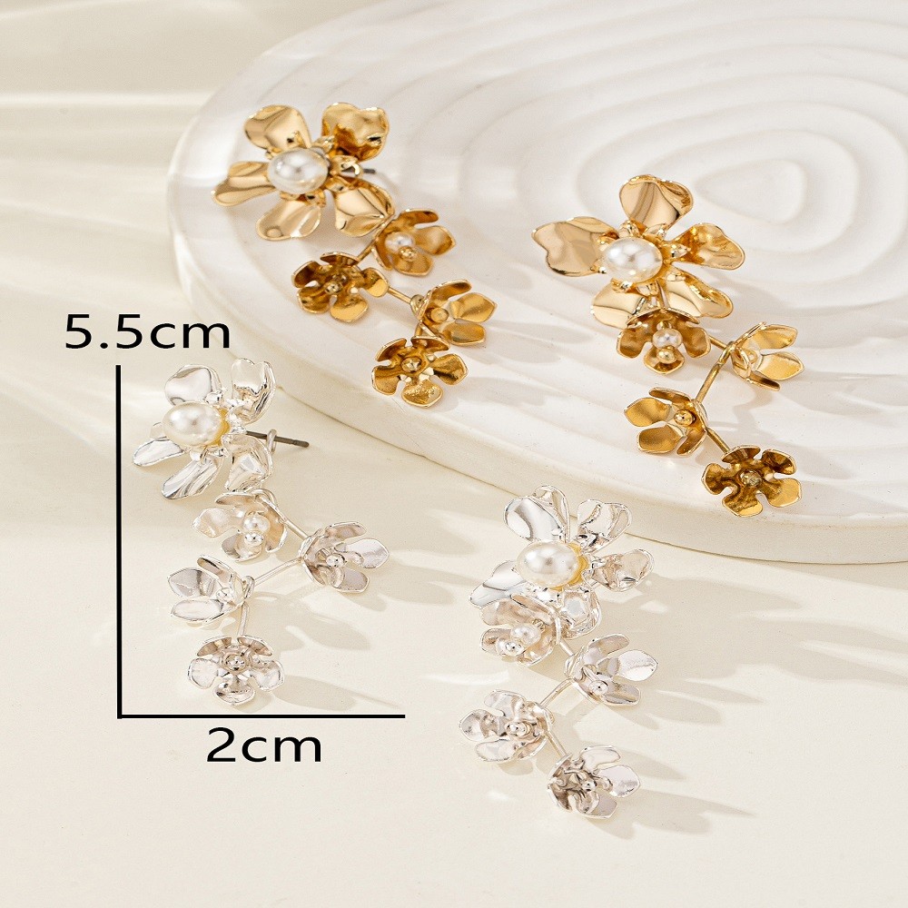 Cascading Flower Pearl Drop Clip On Earrings No Piercing Long Floral Tassel