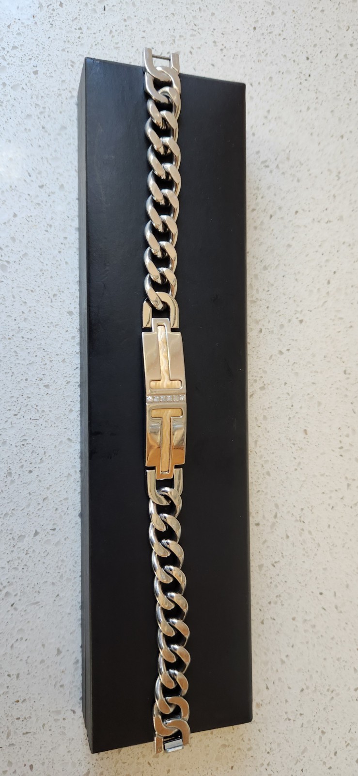 Macy’s Mens Stainless Steel And Gold Bracket With Melee Diamonds