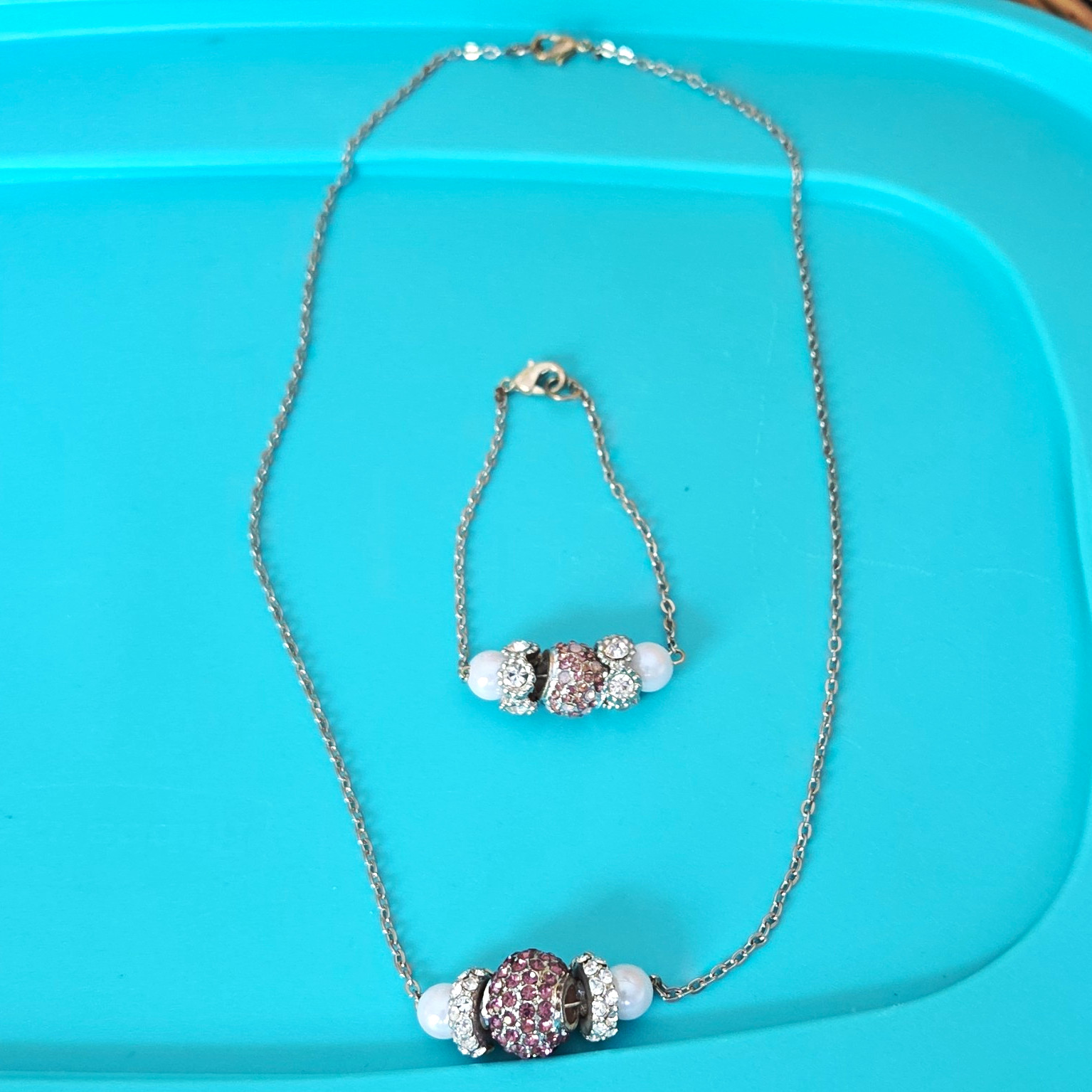 Silver Tone Adjustable Necklace & Bracelet Set Pink Rhinestone White Beads