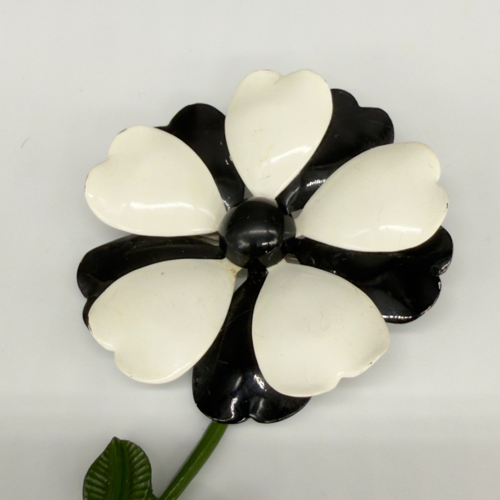 Vintage Enamel Flower Brooch Black White Green Stem 3.75 Inches