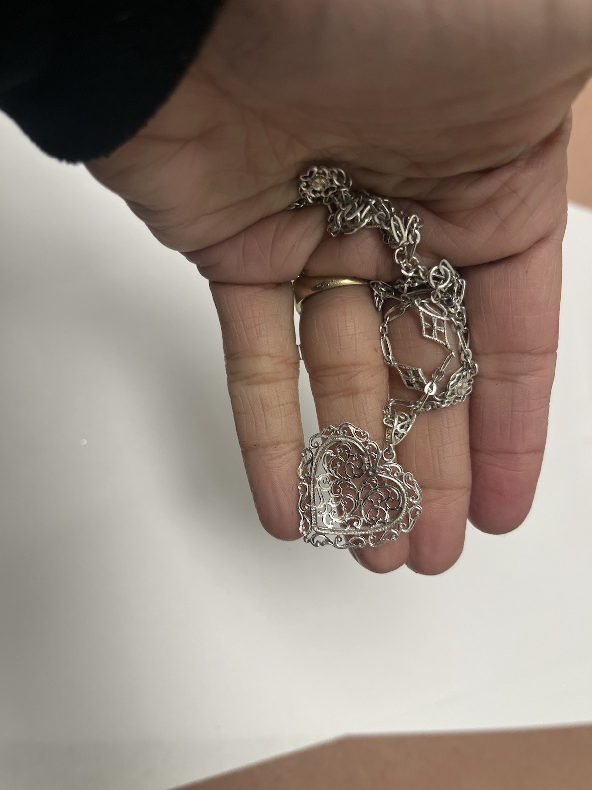 Vintage Signed BOLIVIA FILIGREE Heart PENDANT on GORGEOUS STERLING SILVER CHAIN