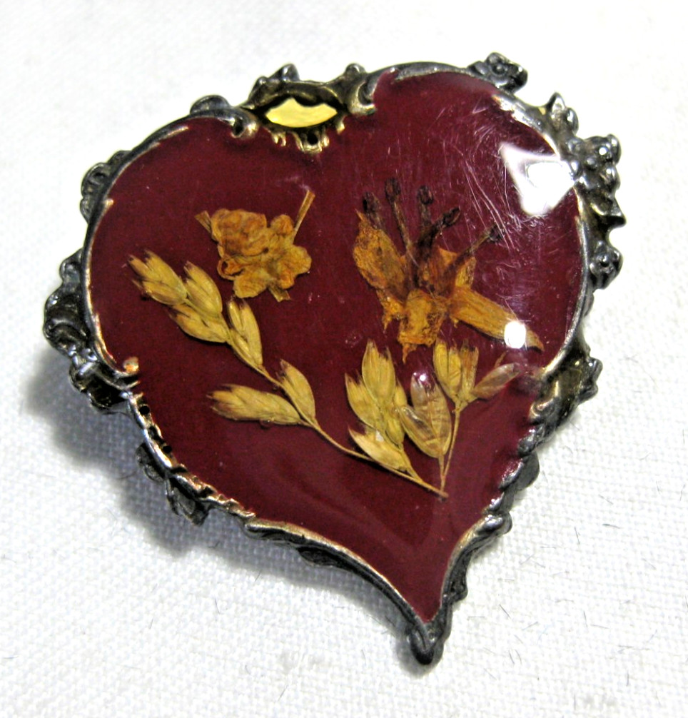 Brooch Pin Silver with Red & Clear Enamel Encased Plant Material 1 1/8″