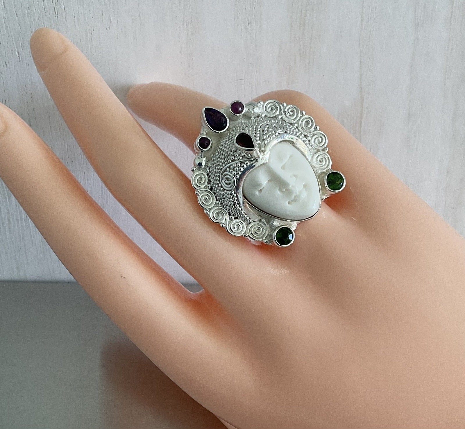 Sajen Silver Carved Goddess Ring Multi Gemstones 925 Sterling Silver Size 9
