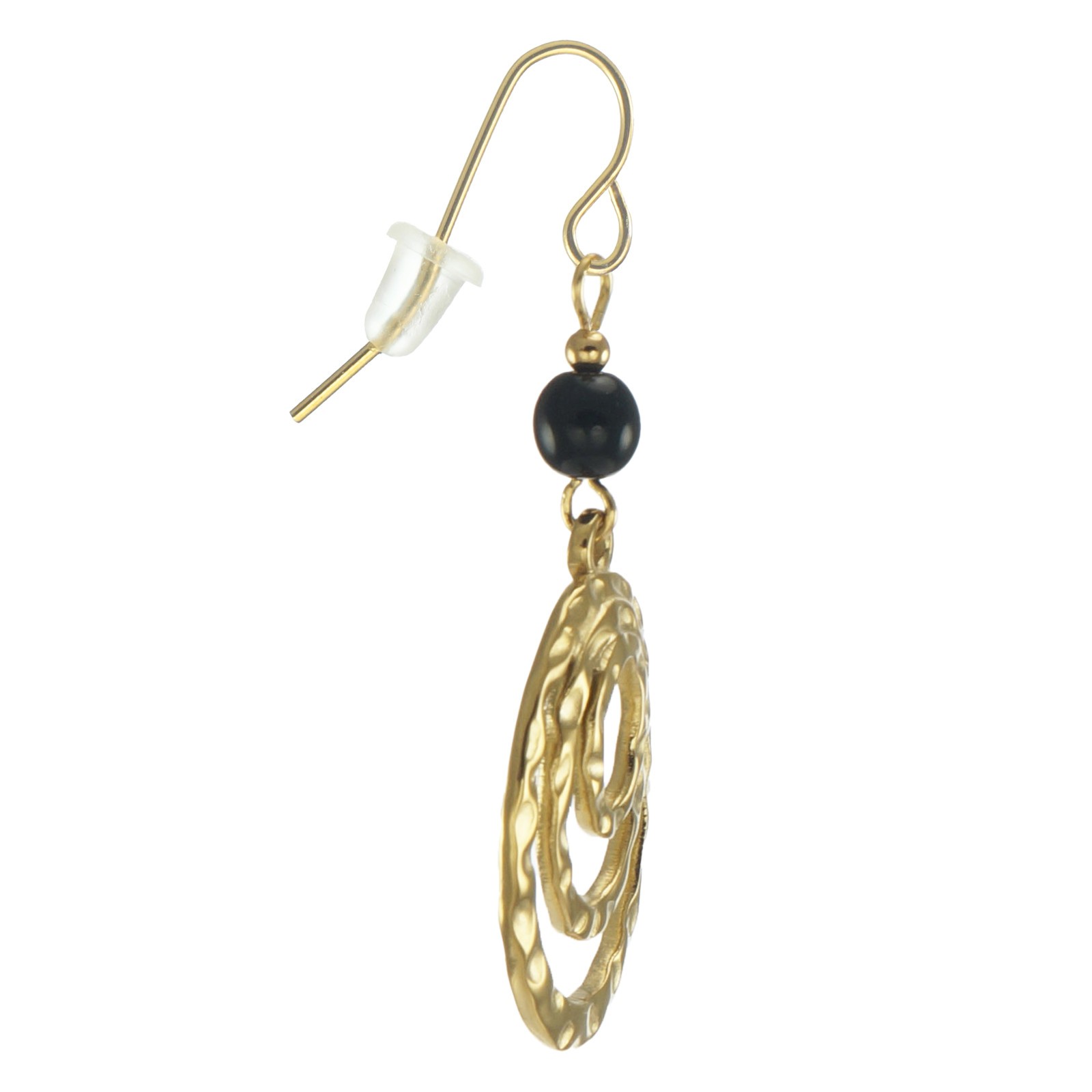 Gold or Silver Oval Hammered Drops with Black Beads Earrings, Hypoallergenic