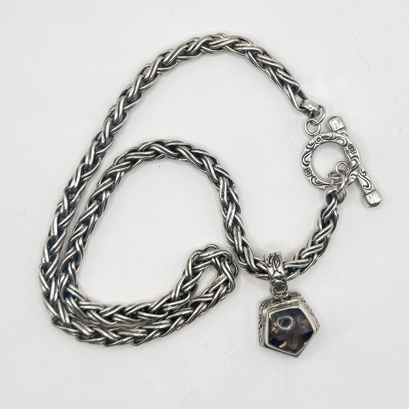 Fuzion 925 Sterling Silver Smoky Quartz Braided Chain Necklace 14” 50g Designer