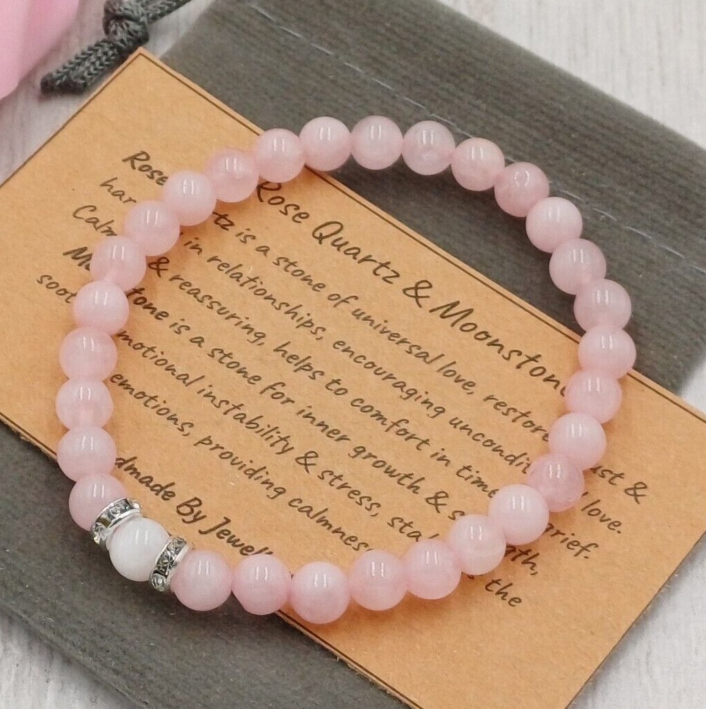 ROSE QUARTZ & MOONSTONE Bracelet Handmade Crystal Healing Gemstone Bead 6/8mm