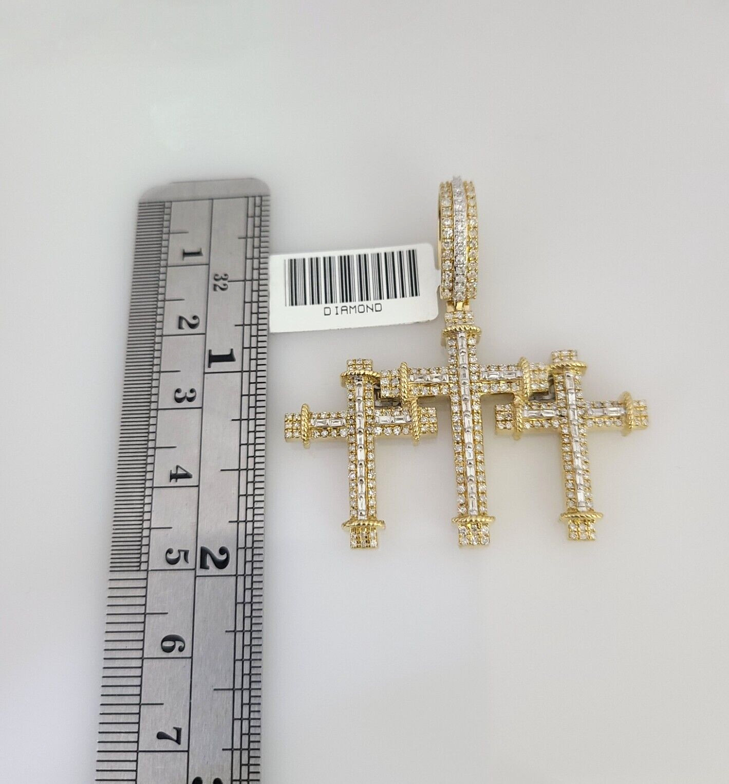 10k Solid Rope Chain Triple Cross Charm Diamond Set 4mm 20″-28″ Necklace Gold