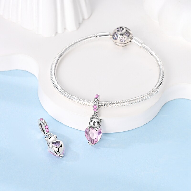 MULA 925 Sterling Silver DIY Charm Pink AAA CZ Cat Heart For Bracelet Necklace
