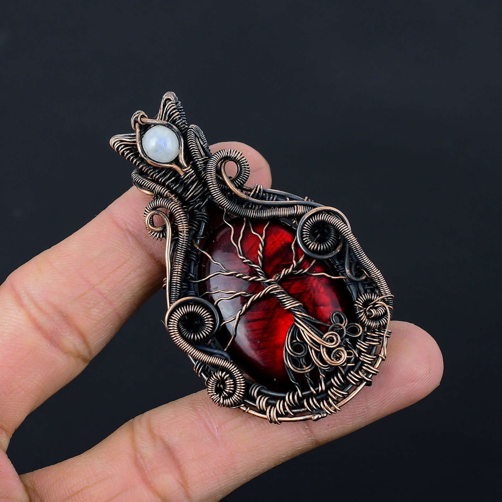 Tree Of Life Red Labradorite & Moonstone Gemstone Copper Wire Wrap Pendant Gift