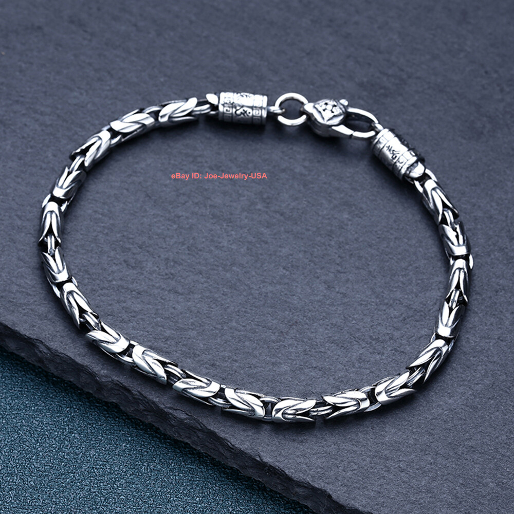 Real 925 Sterling Silver Women Men Bracelet 4mm Round Byzantine Link Chain