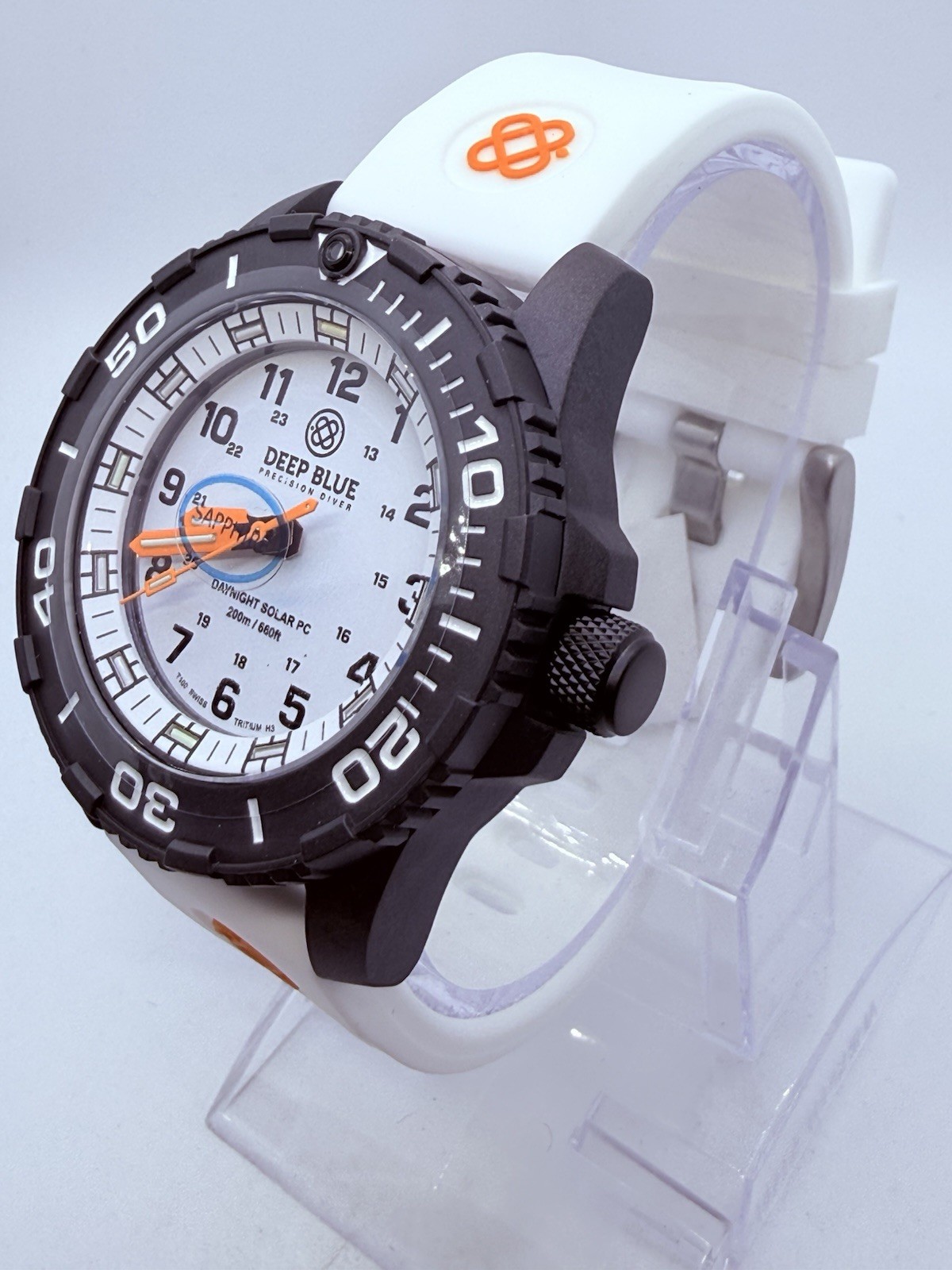 Deep Blue DAYNIGHT 43MM DIVER SOLAR POWERED PC WHITE DIAL 3 COLOR TUBES‼️