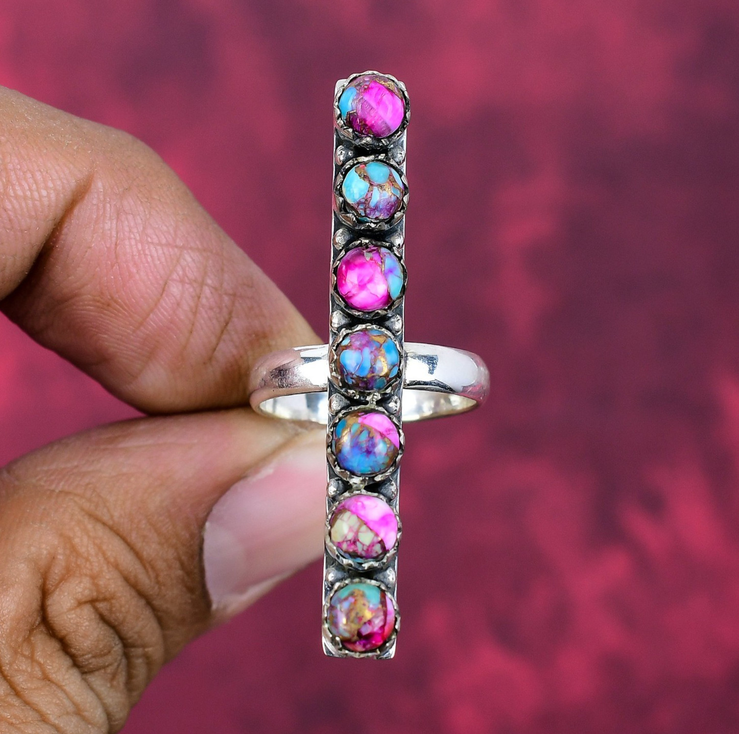 Pink Spiny Oyster Gemstone Handmade 925 Solid Silver Jewelry Ring Gifts For Him