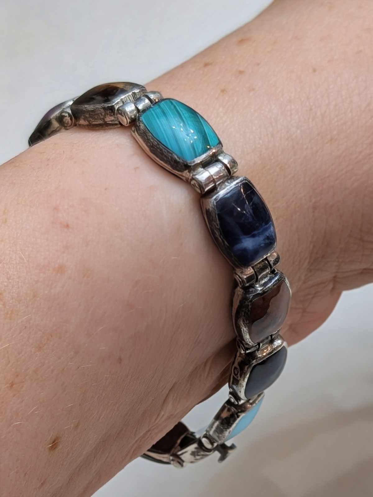 Vintage Taxco Mexico 950 Silver Multi Stone Inlay Link Bracelet 7.5″ 27.6g TJ-88
