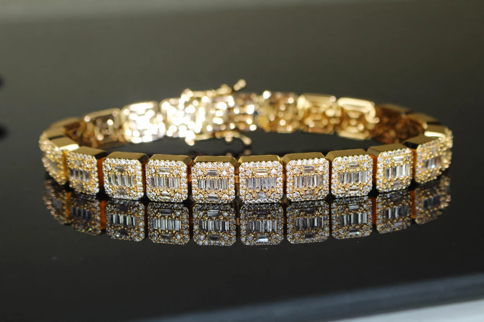 14k STAMPED 10mm BAGUETTE Tennis 18.6ct Lab Sim Diamond BRACELET 56g+ Gold