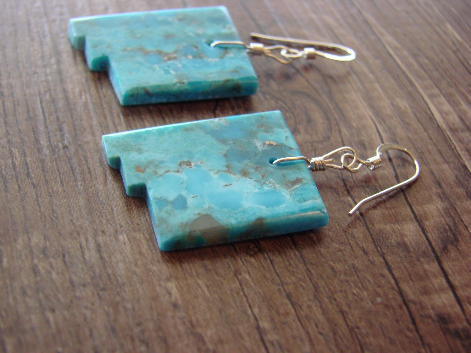 Navajo Indian New Mexico State Turquoise Slab Dangle Earrings by Lovato