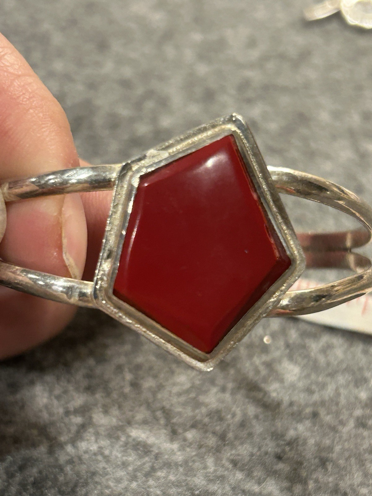 Mexican Alpaca Silver Cuff Bracelet with Red Pentagon Stone
