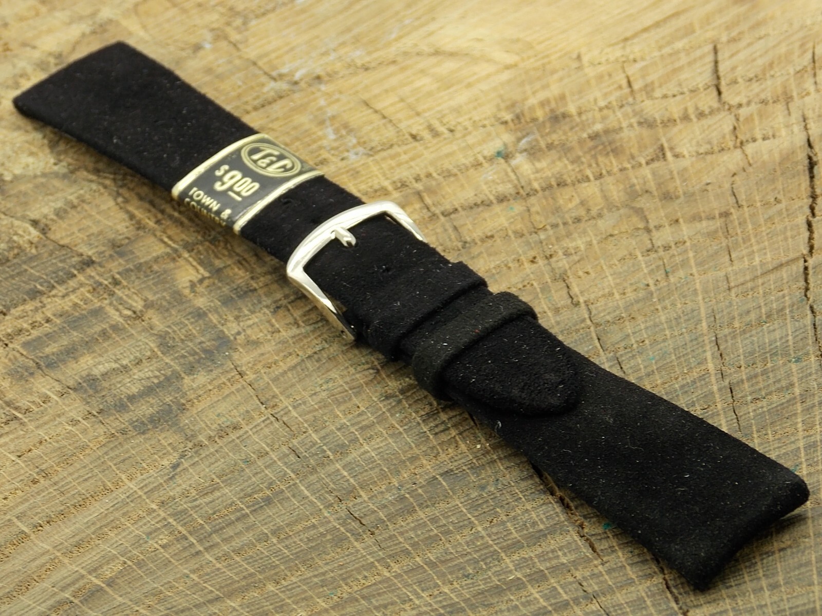 T&C Vintage 19mm Black Suede w Silver Tone Buckle Watch Band NOS Unused