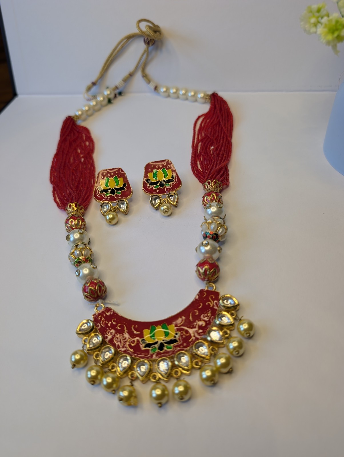 Handmade Lotus Thread Necklace Set Red Meenakari Pearl Indian Ethnic Jewelry