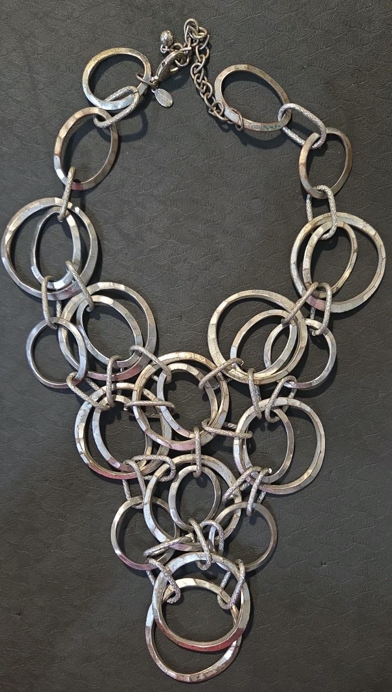 CHICO Silver Tone Statement Link Necklace Heavy Modern Mixed Ring Design 157g