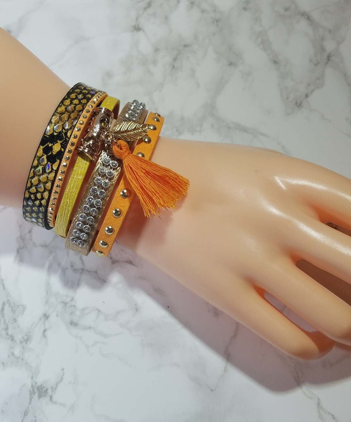 Wellmore Orange Snake Print Leaf Charm Tassel Leather Bracelet 19cm/7.5 inches