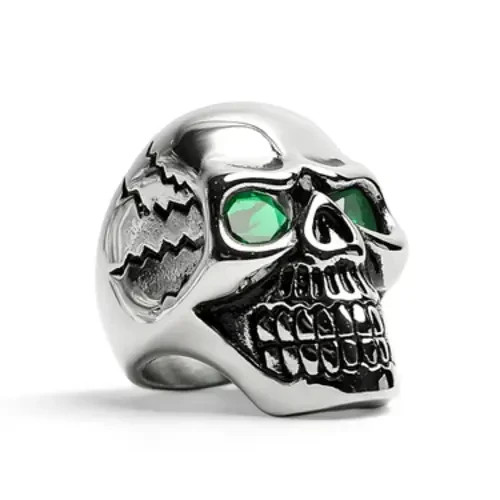 Stainless Steel Green CZ Eyed Cracked Skull Biker Ring