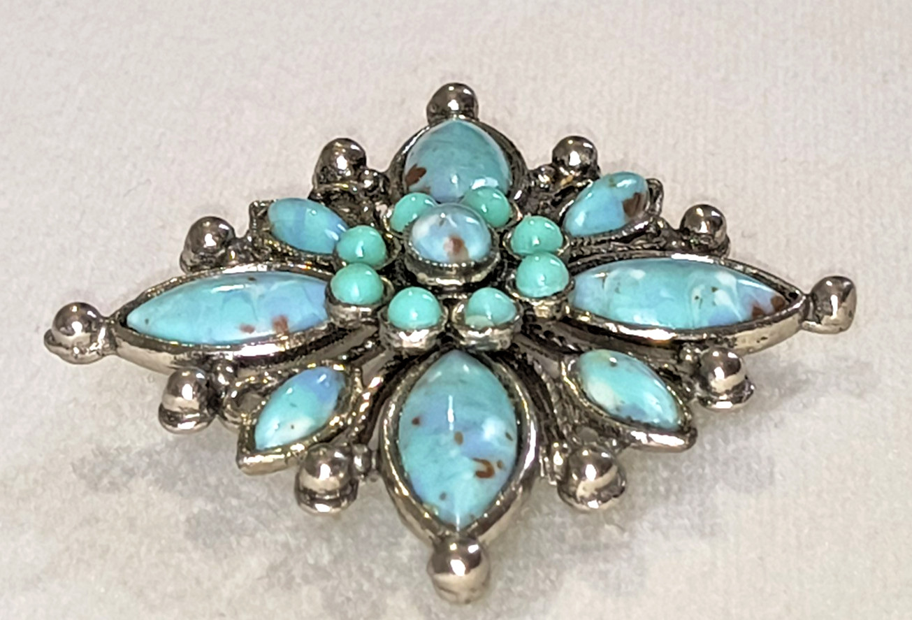 Vintage Faux Turquoise Cabochon Cluster Brooch Silver‑Tone Southwest Style 2″