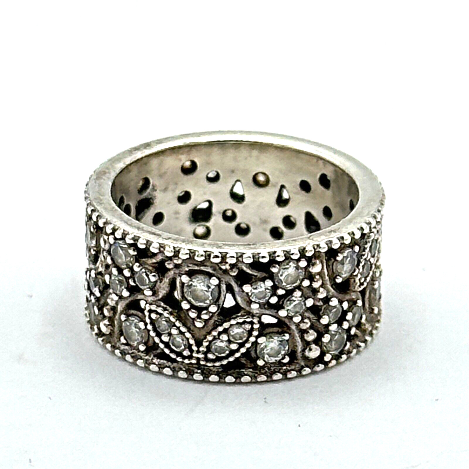 PANDORA Shimmering Leaves ring size 5.25 sterling silver clear CZ 10mm wide band