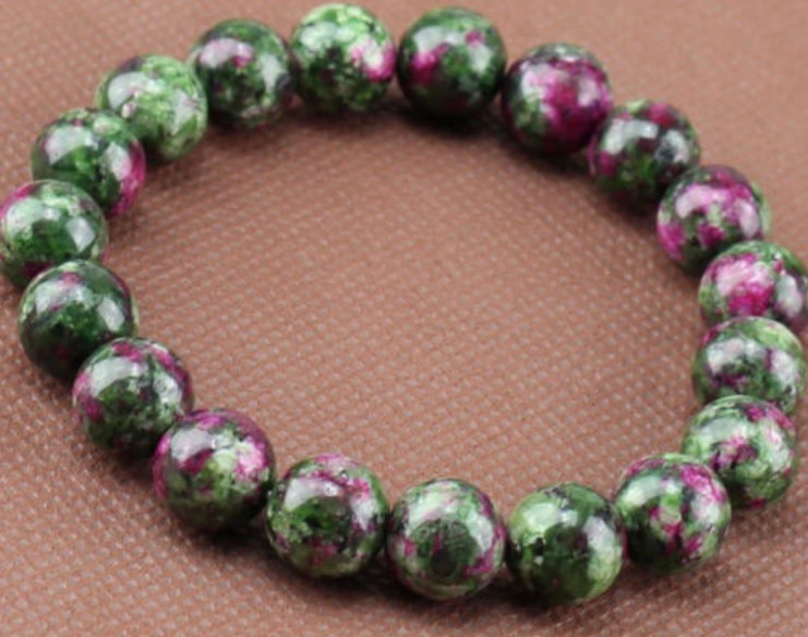 10mm Natural Green Ruby In Zoisite Round Gemstone Stretchy Bracelet 7.5”