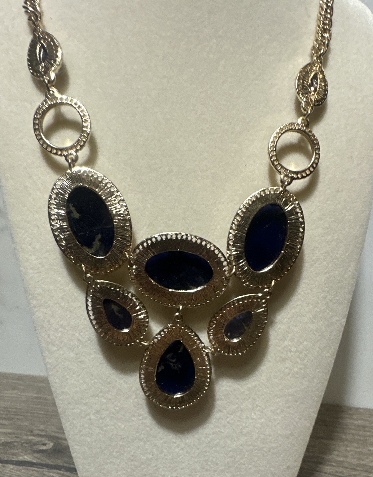 Gold Tone Blue & Gold Marble Faceted Oval Bezel Statement Necklace Adjustable