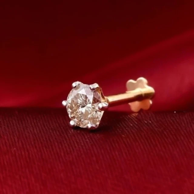 4MM Round Cut Lab Grown Diamond Screw Back Nose Pin Real 14K Yellow Gold