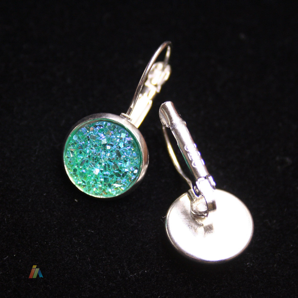 925 SILVER STAMPED EARRINGS & SPARKLY RESIN DRUZY CABOCHON 24X12mm LEVER BACK