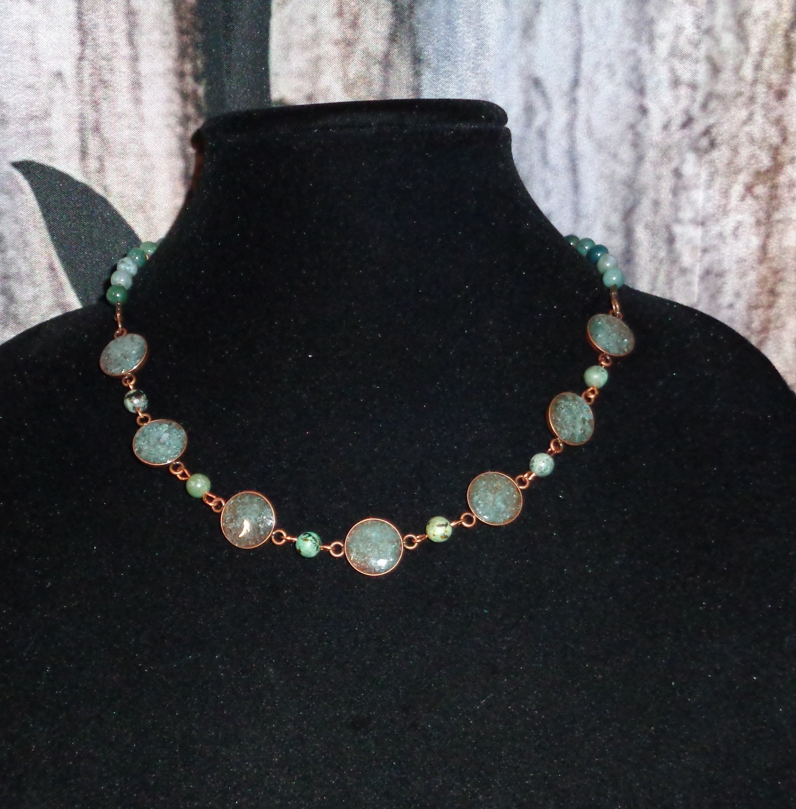 Artisan crafted, 19” crushed apatite in resin necklace, with agate connectors, a