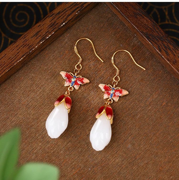 New Chinese Butterfly Enamel Jade Stud Earrings