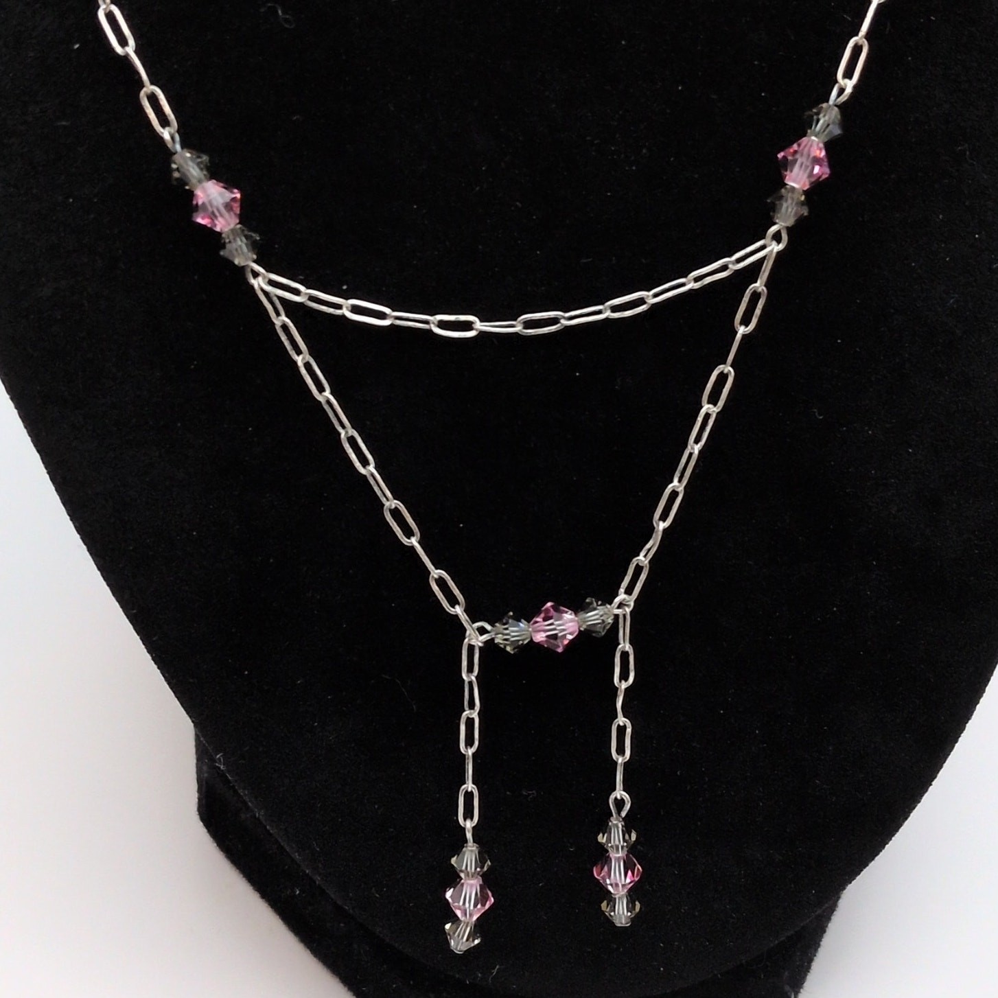 Amerigo 925 Sterling Silver Necklace Pink and Gray Beaded Drop Chain 18.5in