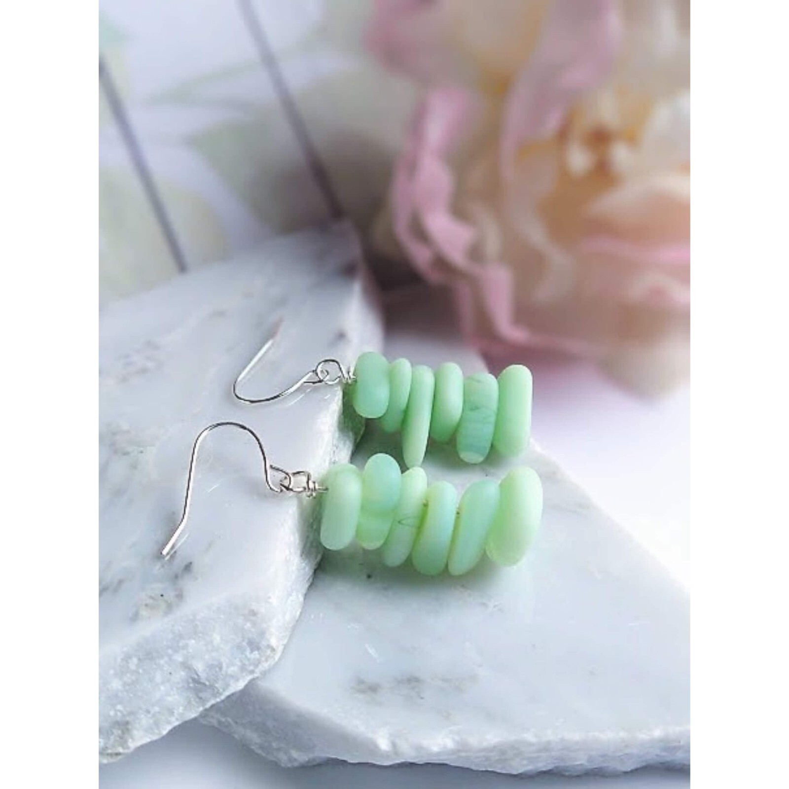 Mint Green Frosted Sea Glass Dangle Earrings Silver Beach Jewelry Gift