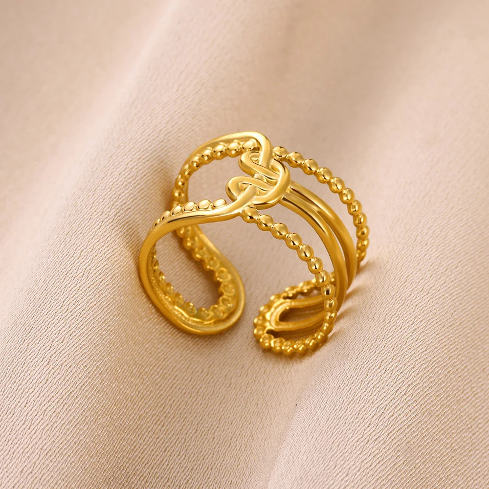 Stainless Steel Flower Hollow Ring Women Gold Tone Geometric Wedding Jewelry