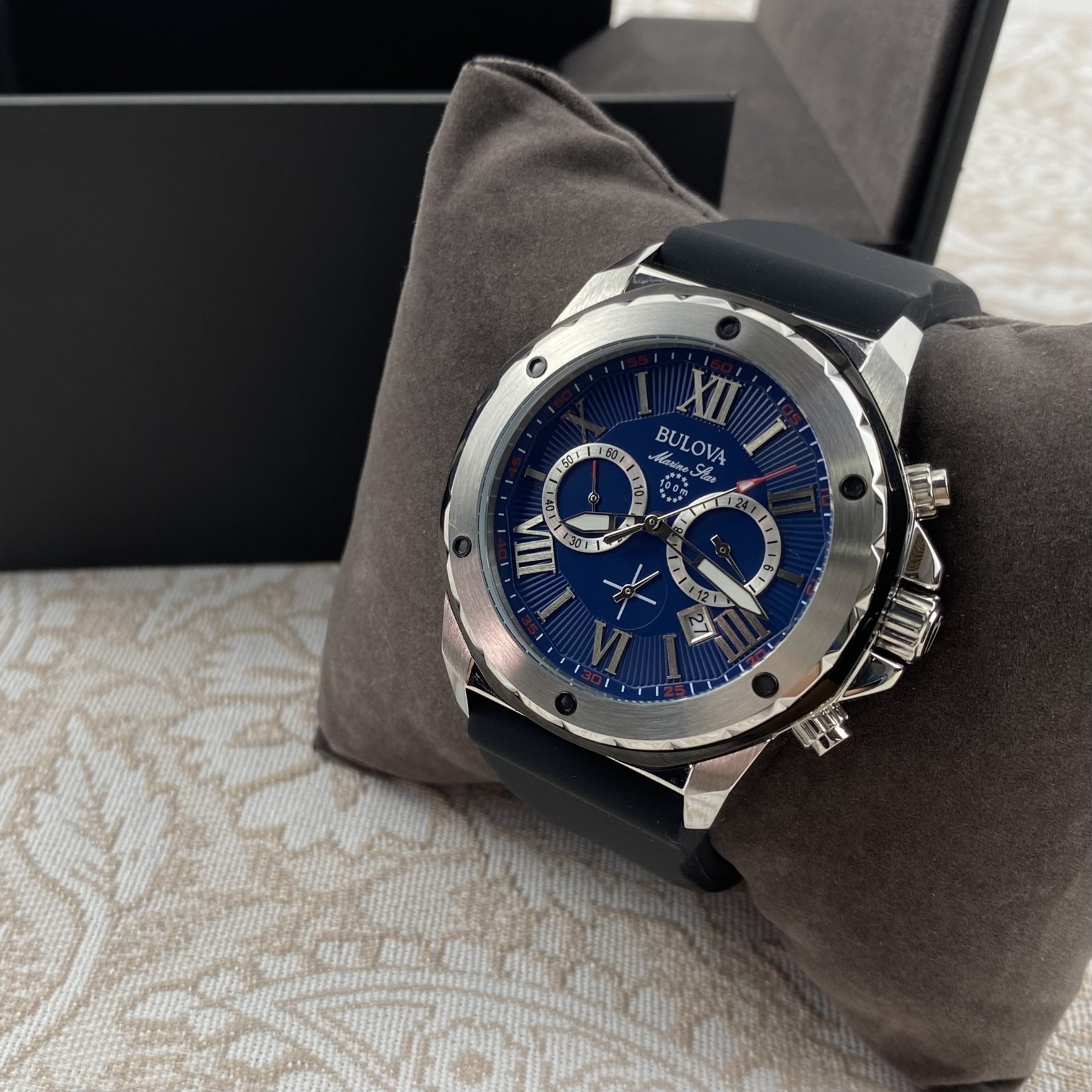 Bulova Marine Star 98B258 Automatic Blue Dial Black Rubber Strap Men’s Watch