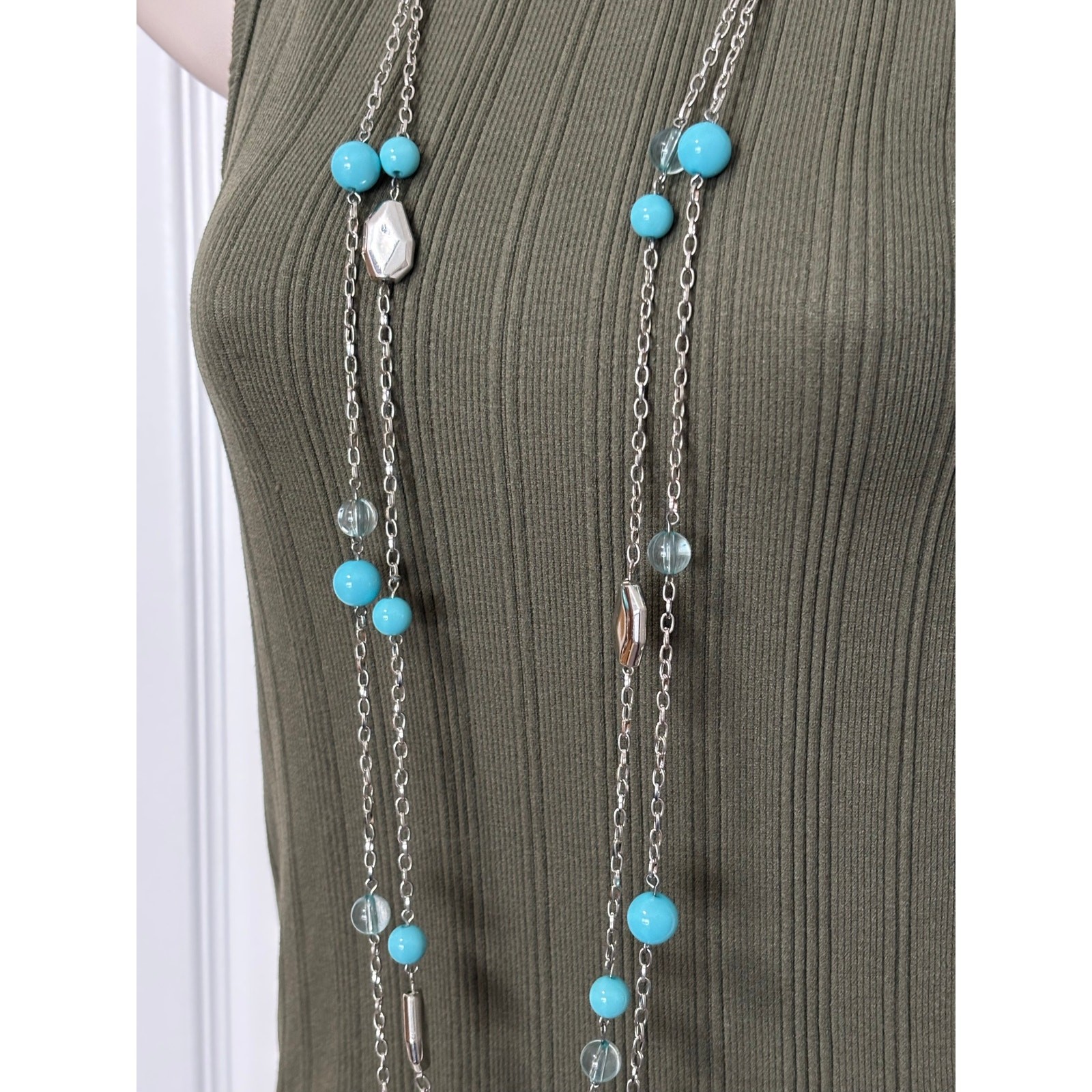Women’s Silver Tone Chain Blue Beaded Layered Necklace BOHO Timeless Fairy Basic