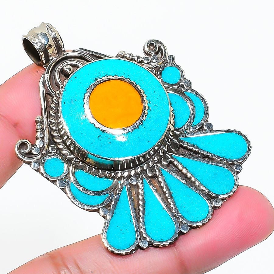 Yellow Coral Turquoise Pendant Handmade Vintage Nepali Jewelry 2.2″ NP 2489