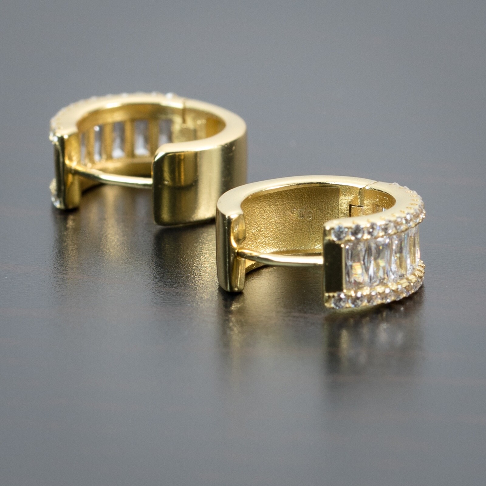 14K Gold Plated Men’s Thick 925 Sterling Silver Iced Cz Baguette Hoop Earrings