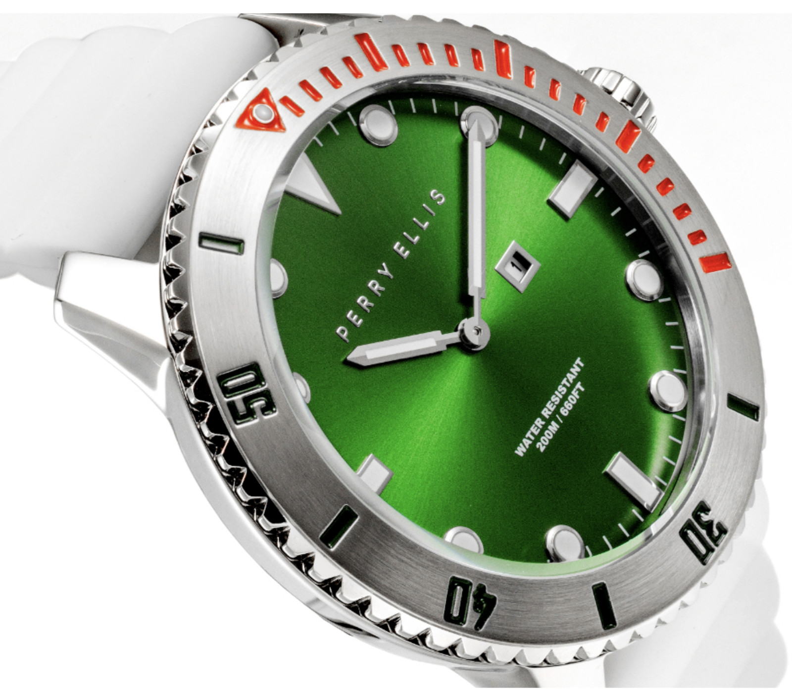 Perry Ellis 46mm Deep Diver Men’s Watch 200M WR Green Silver PEW02003-03 20ATM