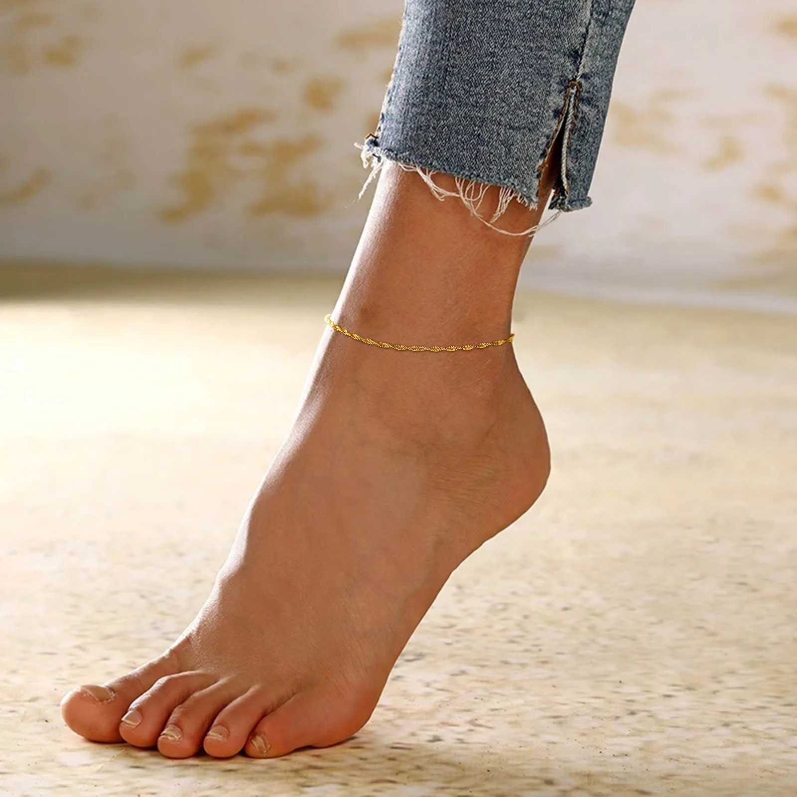 Chain Anklet Stainless Steel Water Wave Adjustable Waterproof Gold Color Jewelry