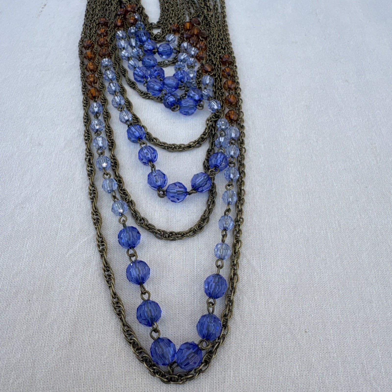 Vintage Layered Beaded Necklace Boho Blue Green Glass Multi Strand Bronze Tone