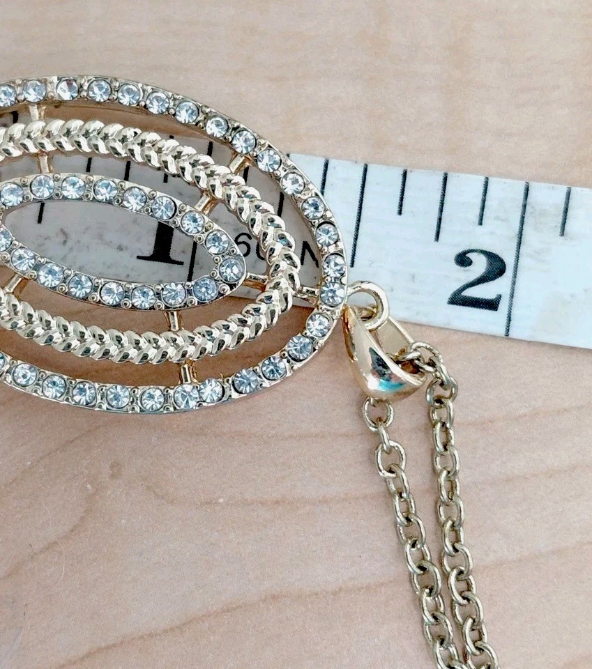 Gold Tone Oval Pendant Necklace _ Clear Rhinestone Accents _ None Missing