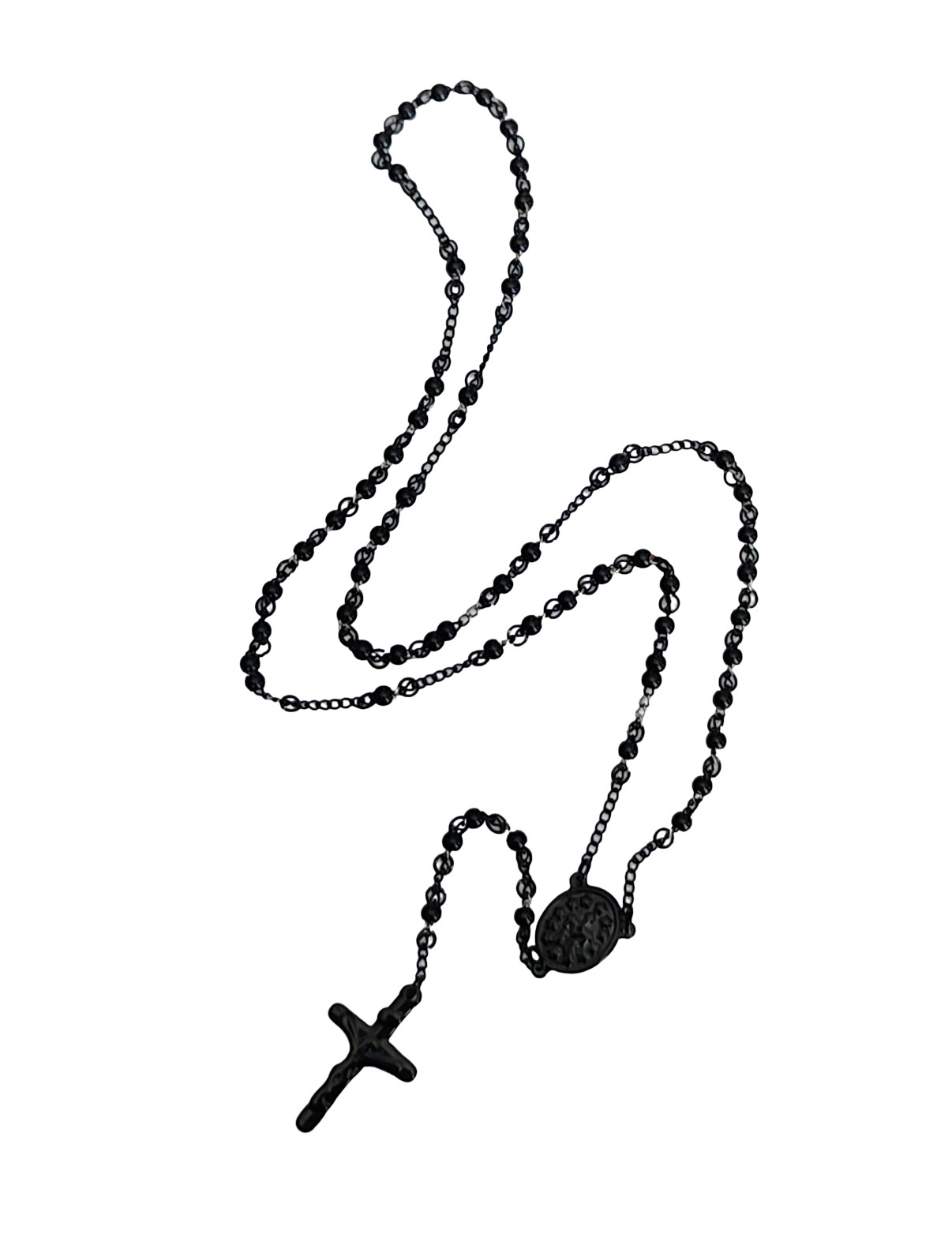 PURE LUX BLACK STAINLESS STEEL ROSARY CROSS NECKLACE – 24″