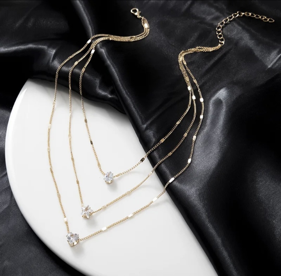 Gold Layered Multi-Chain Cable Necklace Heart & Star Clear Crystal Charms