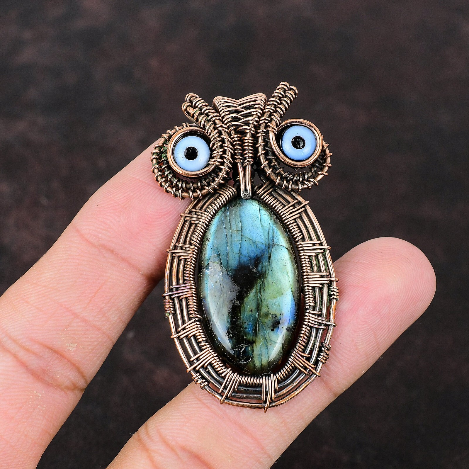 Labradorite Wire Wrapped Owl Pendant Handcrafted Copper Valentine Gift 2.24″