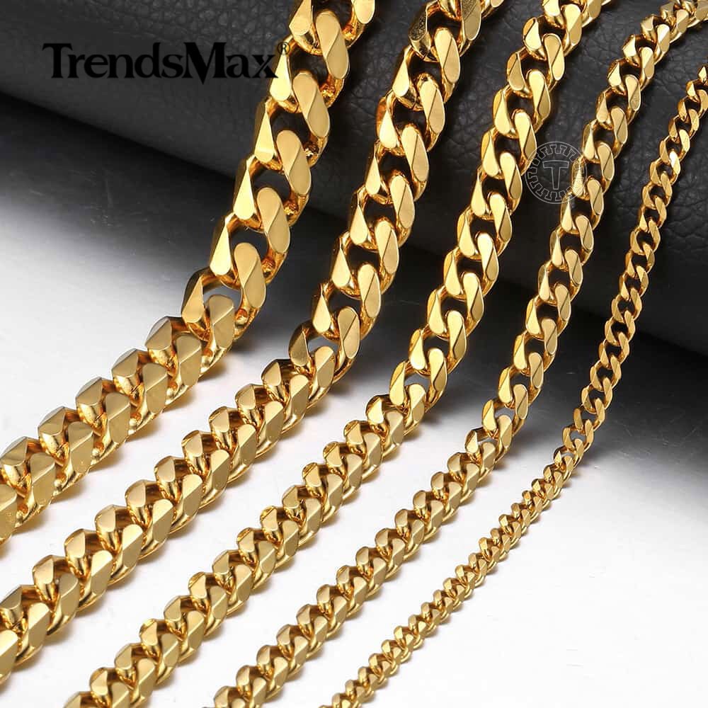 3/5/7/9/11mm Gold Plated Stainless Steel Cuban Chain Necklace Bracelet Men Women